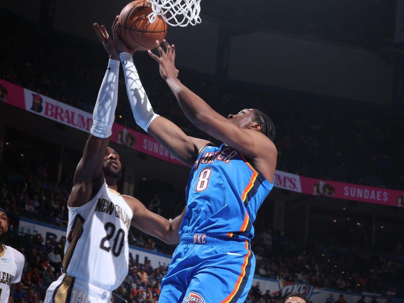 OKLAHOMA CITY, OK - NOVEMBER 13: Jalen Williams #8 of the Oklahoma City Thunder drives to the basket during the game against the New Orleans Pelicans on November 13, 2024 at Paycom Center in Oklahoma City, Oklahoma. NOTE TO USER: User expressly acknowledges and agrees that, by downloading and or using this photograph, User is consenting to the terms and conditions of the Getty Images License Agreement. Mandatory Copyright Notice: Copyright 2024 NBAE (Photo by Nathaniel S. Butler/NBAE via Getty Images)