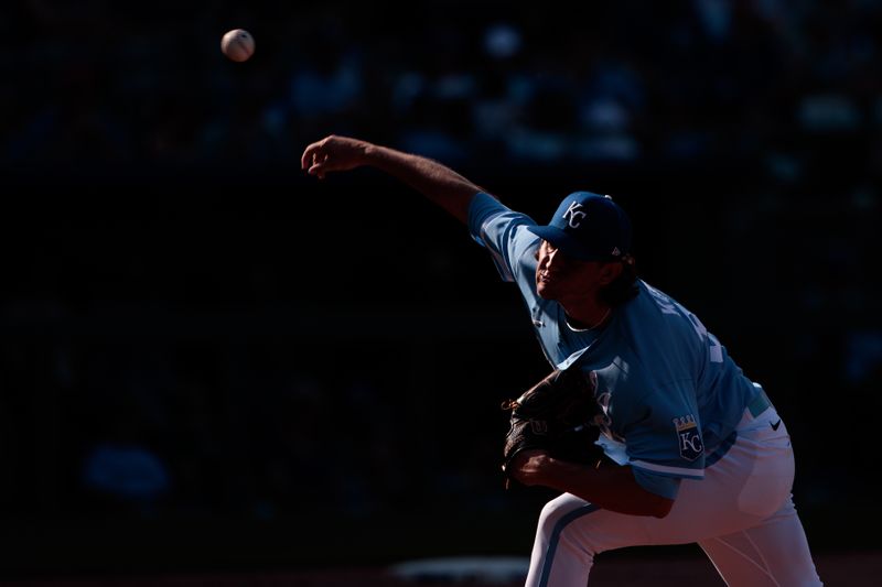 Jun 3, 2023; Kansas City, Missouri, USA; Kansas City Royals relief pitcher Jackson Kowar (37) pitches during the eighth inning against the Colorado Rockies at Kauffman Stadium. Mandatory Credit: William Purnell-USA TODAY Sports