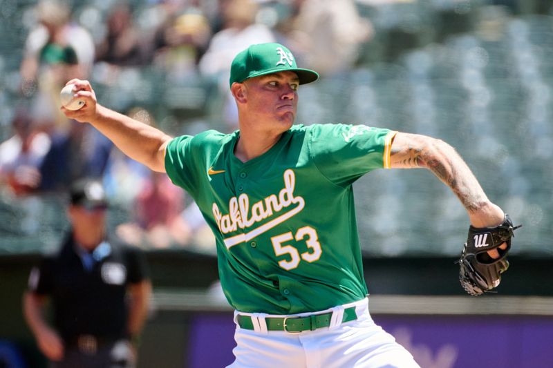 May 26, 2024; Oakland, California, USA; Oakland Athletics starting pitcher Aaron Brooks (53) throws a pitch against the Houston Astros during the first inning at Oakland-Alameda County Coliseum. Mandatory Credit: Robert Edwards-USA TODAY Sports