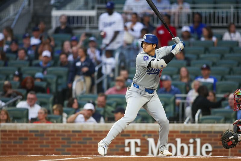 Sep 13, 2024; Atlanta, Georgia, USA; Los Angeles Dodgers designated hitter Shohei Ohtani (17) bats against the Atlanta Braves in the first inning at Truist Park. Mandatory Credit: Brett Davis-Imagn Images