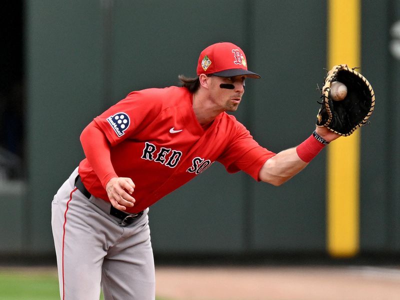 Feb 27, 2026; North Port, Florida, USA; Boston Red Sox first baseman Nick Sogard (20) fields a ground ball in the second inning against the Atlanta Braves during spring training at CoolToday Park. Mandatory Credit: Jonathan Dyer-Imagn Images