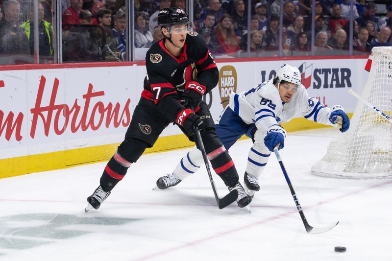 Feb 10, 2024; Ottawa, Ontario, CAN; Ottawa Senators center Shane Pinto (57) moves the puck away from Toronto Maple Leafs left wing Nicholas Robertson (89) in the first period at the Canadian Tire Centre. Mandatory Credit: Marc DesRosiers-USA TODAY Sports