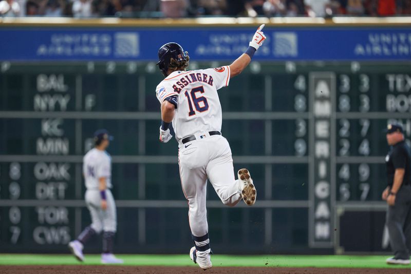 Jul 4, 2023; Houston, Texas, USA; Houston Astros shortstop Grae Kessinger (16) hits a home run during the third inning against the Colorado Rockies at Minute Maid Park. Mandatory Credit: Troy Taormina-USA TODAY Sports