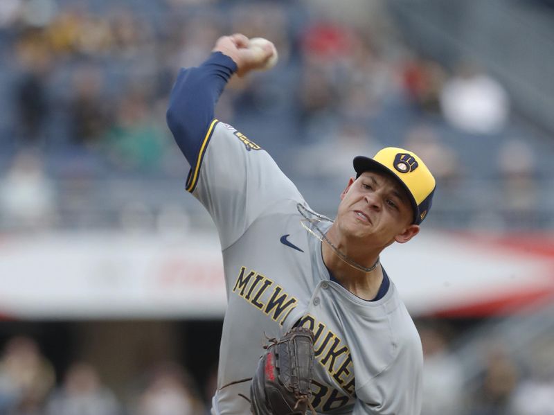 Apr 23, 2024; Pittsburgh, Pennsylvania, USA;  Milwaukee Brewers starting pitcher Tobias Myers (36) delivers a pitch in his major league debut against the Pittsburgh Pirates during the second inning at PNC Park. Mandatory Credit: Charles LeClaire-USA TODAY Sports