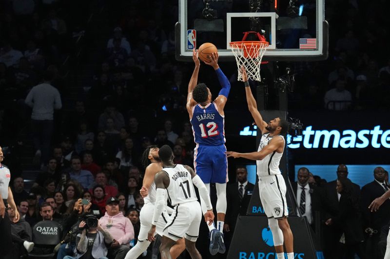 BROOKLYN, NY - MARCH 5: Tobias Harris #12 of the Philadelphia 76ers drives to the basket during the game against the Brooklyn Nets on March 5, 2024 at Barclays Center in Brooklyn, New York. NOTE TO USER: User expressly acknowledges and agrees that, by downloading and or using this Photograph, user is consenting to the terms and conditions of the Getty Images License Agreement. Mandatory Copyright Notice: Copyright 2024 NBAE (Photo by Jesse D. Garrabrant/NBAE via Getty Images)