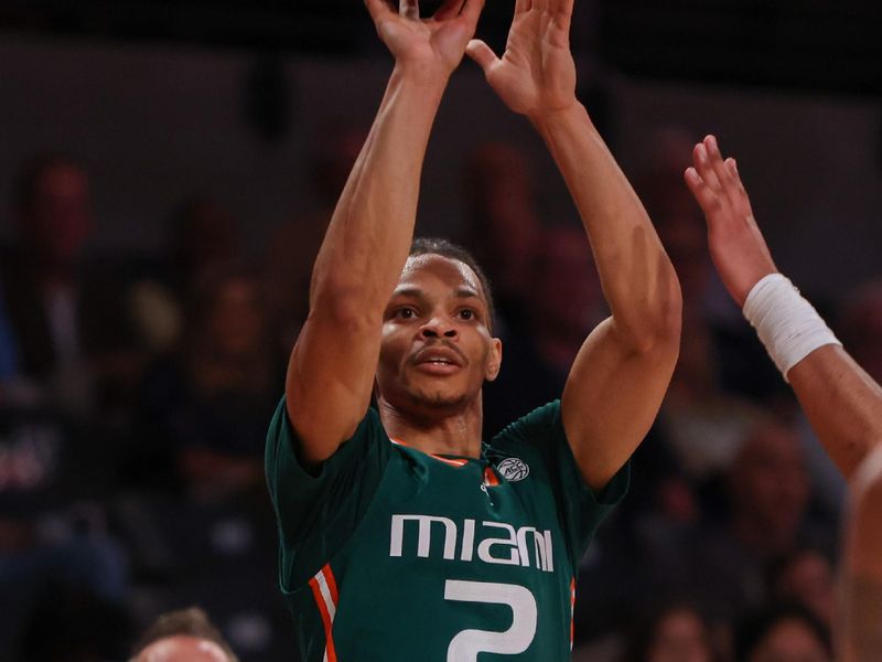 Jan 4, 2023; Atlanta, Georgia, USA; Miami Hurricanes guard Isaiah Wong (2) shoots against the Georgia Tech Yellow Jackets in the first half at McCamish Pavilion. Mandatory Credit: Brett Davis-USA TODAY Sports