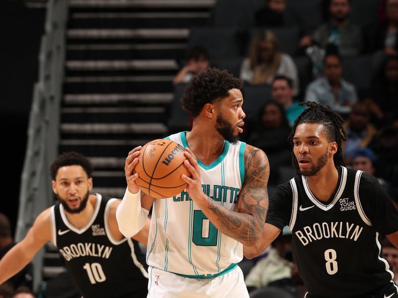 CHARLOTTE, NC - JANUARY 29:  Miles Bridges #0 of the Charlotte Hornets during the game against the Brooklyn Nets on January 29, 2025 at Spectrum Center in Charlotte, North Carolina. NOTE TO USER: User expressly acknowledges and agrees that, by downloading and or using this photograph, User is consenting to the terms and conditions of the Getty Images License Agreement. Mandatory Copyright Notice: Copyright 2025 NBAE (Photo by Kent Smith/NBAE via Getty Images)