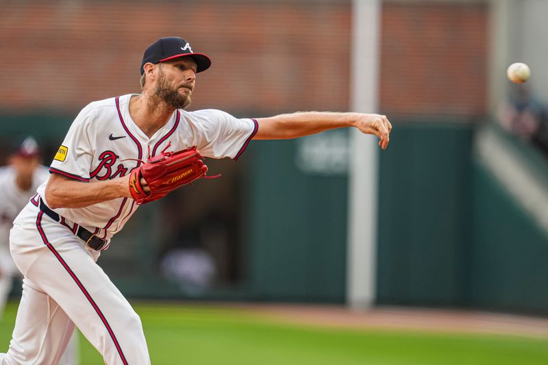 May 14, 2024; Cumberland, Georgia, USA; Atlanta Braves starting pitcher Chris Sale (51) pitches against the Chicago Cubs during the first inning at Truist Park. Mandatory Credit: Dale Zanine-USA TODAY Sports