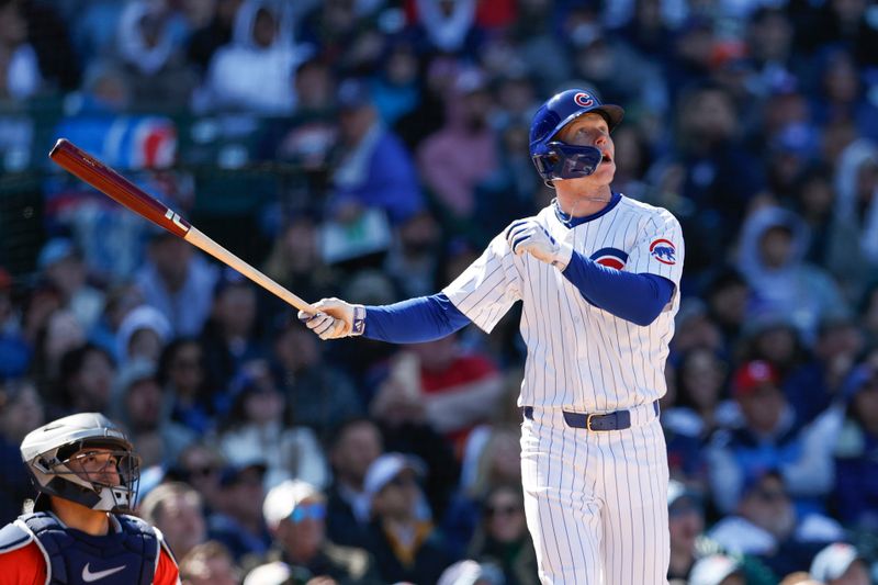 Apr 25, 2024; Chicago, Illinois, USA; Chicago Cubs centerfielder Pete Crow-Armstrong (52) hits a two-run home run against the Houston Astros during the sixth inning at Wrigley Field. Mandatory Credit: Kamil Krzaczynski-USA TODAY Sports