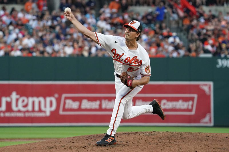 Jul 30, 2023; Baltimore, Maryland, USA; Baltimore Orioles pitcher Dean Kremer (64) delivers in the third inning against the New York Yankees at Oriole Park at Camden Yards. Mandatory Credit: Mitch Stringer-USA TODAY Sports