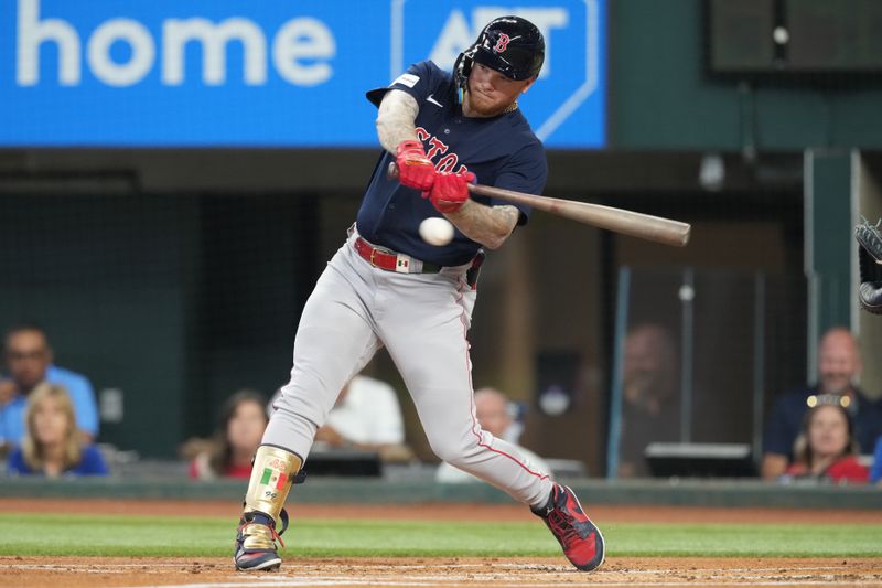 Sep 20, 2023; Arlington, Texas, USA; Boston Red Sox right fielder Alex Verdugo (99) hits a single against the Texas Rangers during the first inning at Globe Life Field. Mandatory Credit: Jim Cowsert-USA TODAY Sports