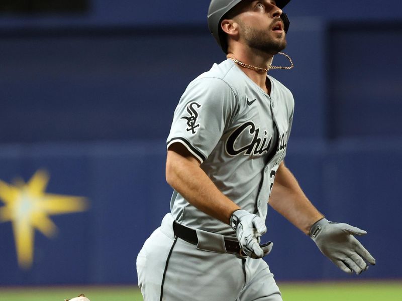May 8, 2024; St. Petersburg, Florida, USA; Chicago White Sox shortstop Paul DeJong (29) celebrates after he hit a 2-run home run against the Tampa Bay Rays during the fifth inning at Tropicana Field. Mandatory Credit: Kim Klement Neitzel-USA TODAY Sports