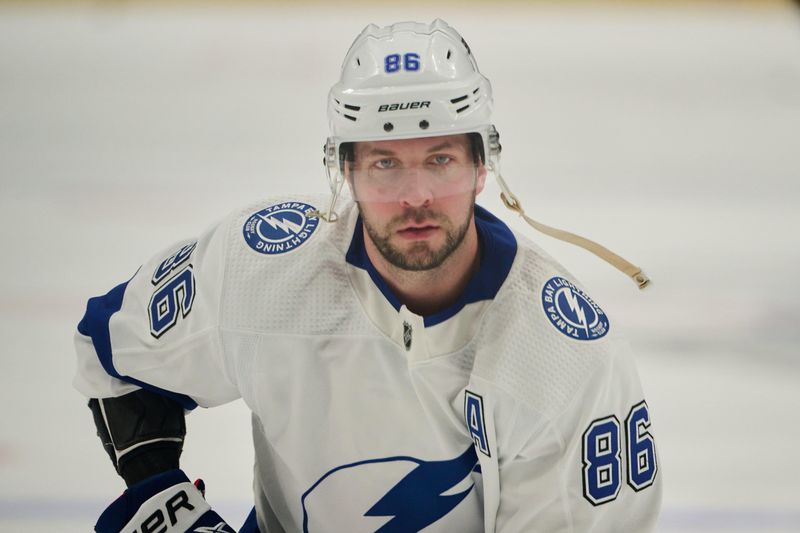 Mar 21, 2024; San Jose, California, USA; Tampa Bay Lightning right wing Nikita Kucherov (86) warms up before the game against the San Jose Sharks at SAP Center at San Jose. Mandatory Credit: Robert Edwards-USA TODAY Sports