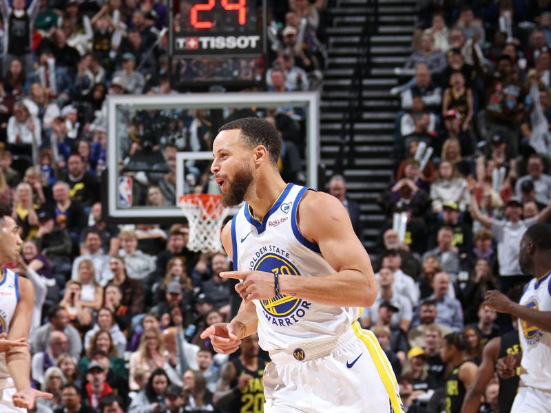 SALT LAKE CITY, UT - FEBRUARY 12: Stephen Curry #30 of the Golden State Warriors celebrates during the game against the Utah Jazz on February 12, 2024 at Delta Center in Salt Lake City, Utah. NOTE TO USER: User expressly acknowledges and agrees that, by downloading and or using this Photograph, User is consenting to the terms and conditions of the Getty Images License Agreement. Mandatory Copyright Notice: Copyright 2024 NBAE (Photo by Melissa Majchrzak/NBAE via Getty Images)