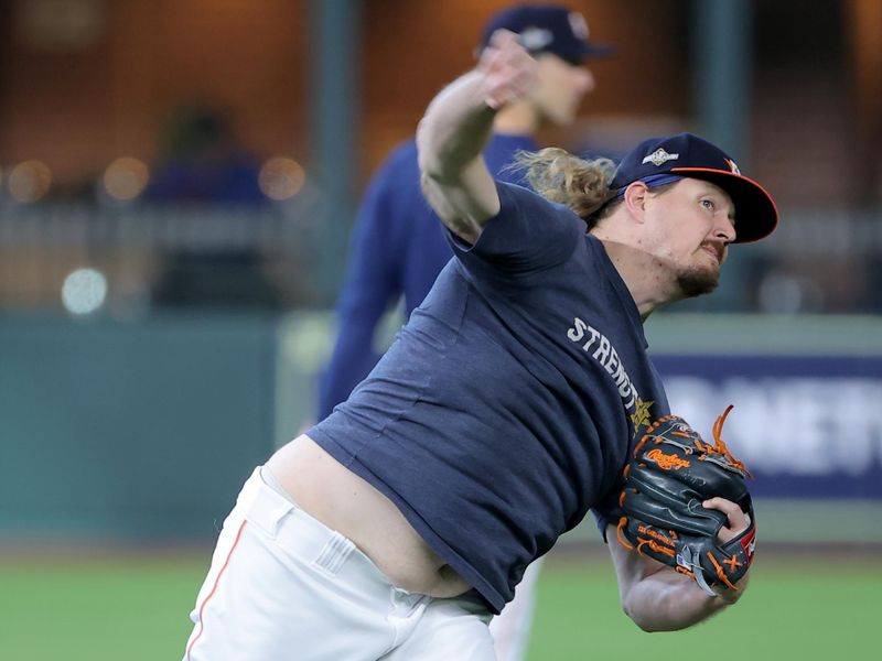 Oct 15, 2023; Houston, Texas, USA; Houston Astros pitcher Ryne Stanek (45) before game one of the ALCS for the 2023 MLB playoffs at Minute Maid Park. Mandatory Credit: Erik Williams-USA TODAY Sports