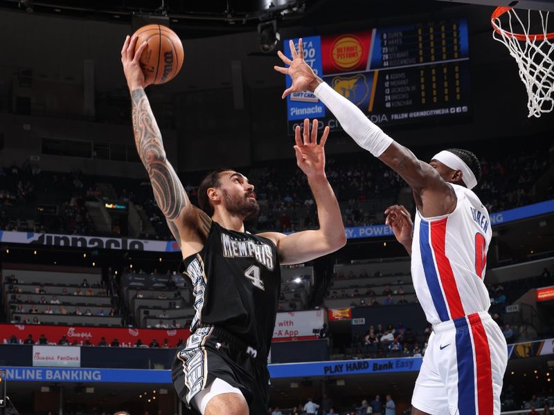 MEMPHIS, TN - DECEMBER 9: Steven Adams #4 of the Memphis Grizzlies drives to the basket during the game. against the Detroit Pistons on December 9, 2022 at FedExForum in Memphis, Tennessee. NOTE TO USER: User expressly acknowledges and agrees that, by downloading and or using this photograph, User is consenting to the terms and conditions of the Getty Images License Agreement. Mandatory Copyright Notice: Copyright 2022 NBAE (Photo by Joe Murphy/NBAE via Getty Images)