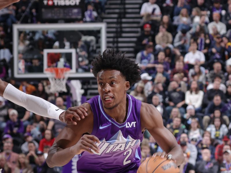 SALT LAKE CITY, UT - WEDNESDAY 27: Collin Sexton #2 of the Utah Jazz drives to the basket during the game against the Denver Nuggets on Wednesday 27, 2024 at vivint.SmartHome Arena in Salt Lake City, Utah. NOTE TO USER: User expressly acknowledges and agrees that, by downloading and or using this Photograph, User is consenting to the terms and conditions of the Getty Images License Agreement. Mandatory Copyright Notice: Copyright 2024 NBAE (Photo by Melissa Majchrzak/NBAE via Getty Images)