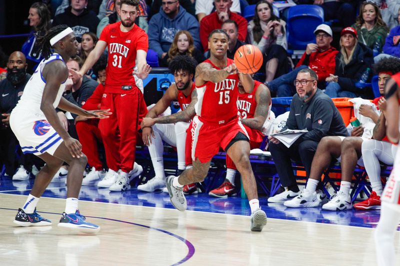 Jan 16, 2024; Boise, Idaho, USA; UNLV Rebels guard Luis Rodriguez (15) during the second half against the Boise State Broncos at ExtraMile Arena. UNLV beats Boise State 68-64. Mandatory Credit: Brian Losness-USA TODAY Sports

