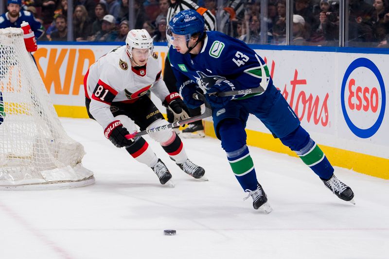 Jan 2, 2024; Vancouver, British Columbia, CAN; Ottawa Senators forward Dominik Kubalik (81) pursues Vancouver Canucks defenseman Quinn Hughes (43) in the first period at Rogers Arena. Mandatory Credit: Bob Frid-USA TODAY Sports