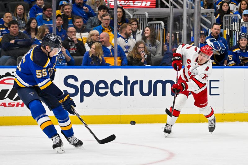 Apr 12, 2024; St. Louis, Missouri, USA;  Carolina Hurricanes defenseman Brady Skjei (76) shoots as St. Louis Blues defenseman Colton Parayko (55) defends during the first period at Enterprise Center. Mandatory Credit: Jeff Curry-USA TODAY Sports