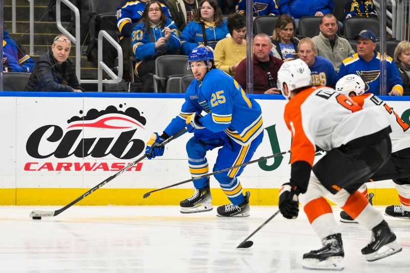 Nov 30, 2024; St. Louis, Missouri, USA;  St. Louis Blues center Jordan Kyrou (25) controls the puck against the Philadelphia Flyers during the second period at Enterprise Center. Mandatory Credit: Jeff Curry-Imagn Images