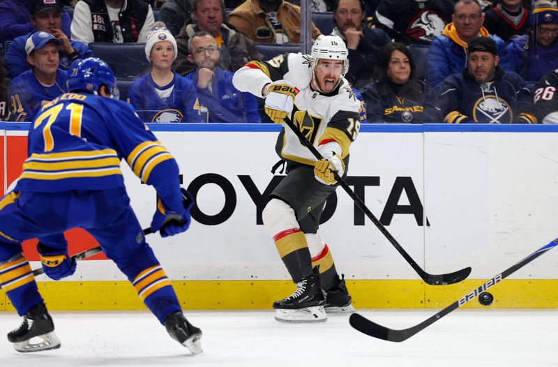 Mar 3, 2026; Buffalo, New York, USA;  Vegas Golden Knights defenseman Noah Hanifin (15) makes a pass during the third period] against the Buffalo Sabres at KeyBank Center. Mandatory Credit: Timothy T. Ludwig-Imagn Images