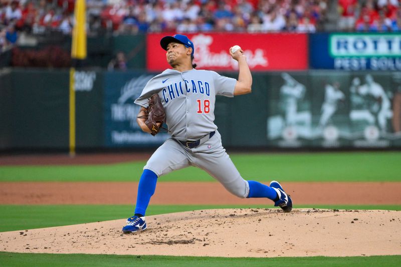 Aug 10, 2025; St. Louis, Missouri, USA;  Chicago Cubs starting pitcher Shota Imanaga (18) pitches against the St. Louis Cardinals during the first inning at Busch Stadium. Mandatory Credit: Jeff Curry-Imagn Images