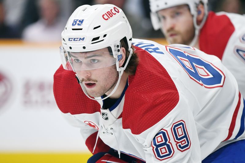 Mar 5, 2024; Nashville, Tennessee, USA; Montreal Canadiens right wing Joshua Roy (89) waits for a face off during the first period against the Nashville Predators at Bridgestone Arena. Mandatory Credit: Christopher Hanewinckel-USA TODAY Sports