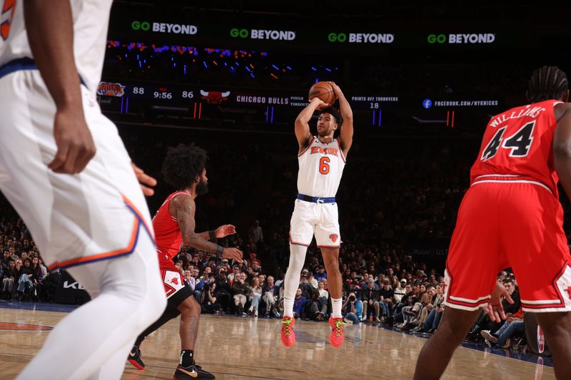 NEW YORK, NY - JANUARY 3: Quentin Grimes #6 of the New York Knicks shoots a three point basket against the Chicago Bulls on January 3, 2024 at Madison Square Garden in New York City, New York.  NOTE TO USER: User expressly acknowledges and agrees that, by downloading and or using this photograph, User is consenting to the terms and conditions of the Getty Images License Agreement. Mandatory Copyright Notice: Copyright 2024 NBAE  (Photo by Nathaniel S. Butler/NBAE via Getty Images)