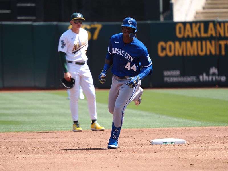 Aug 23, 2023; Oakland, California, USA; Kansas City Royals right fielder Dairon Blanco (44) rounds the bases on a solo home run against the Oakland Athletics during the third inning at Oakland-Alameda County Coliseum. Mandatory Credit: Kelley L Cox-USA TODAY Sports