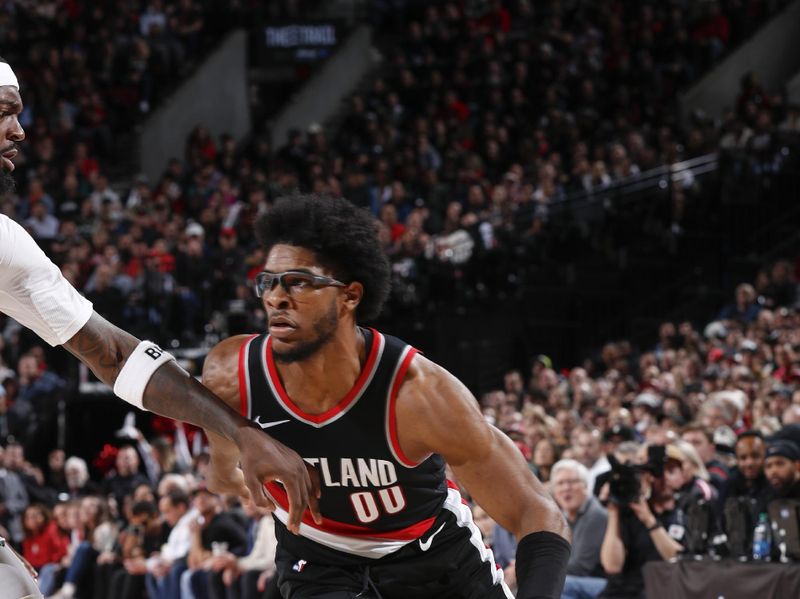 PORTLAND, OR - JANUARY 31:  Scoot Henderson #00 of the Portland Trail Blazers goes to the basket during the game on January 31, 2024 at the Moda Center Arena in Portland, Oregon. NOTE TO USER: User expressly acknowledges and agrees that, by downloading and or using this photograph, user is consenting to the terms and conditions of the Getty Images License Agreement. Mandatory Copyright Notice: Copyright 2024 NBAE (Photo by Cameron Browne/NBAE via Getty Images)