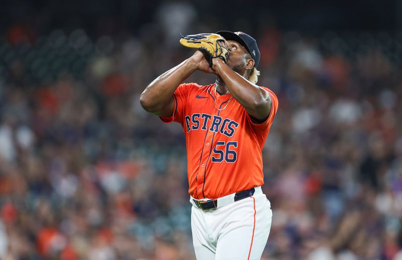 May 3, 2024; Houston, Texas, USA; Houston Astros starting pitcher Ronel Blanco (56) walks off the mound after pitching during the first inning against the Seattle Mariners at Minute Maid Park. Mandatory Credit: Troy Taormina-USA TODAY Sports