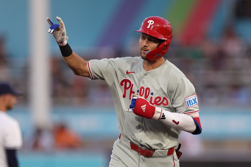 May 7, 2025; Tampa, Florida, USA; Philadelphia Phillies shortstop Trea Turner (7) runs the base after hitting a home run against the Tampa Bay Rays in the third inning at George M. Steinbrenner Field. Mandatory Credit: Nathan Ray Seebeck-Imagn Images