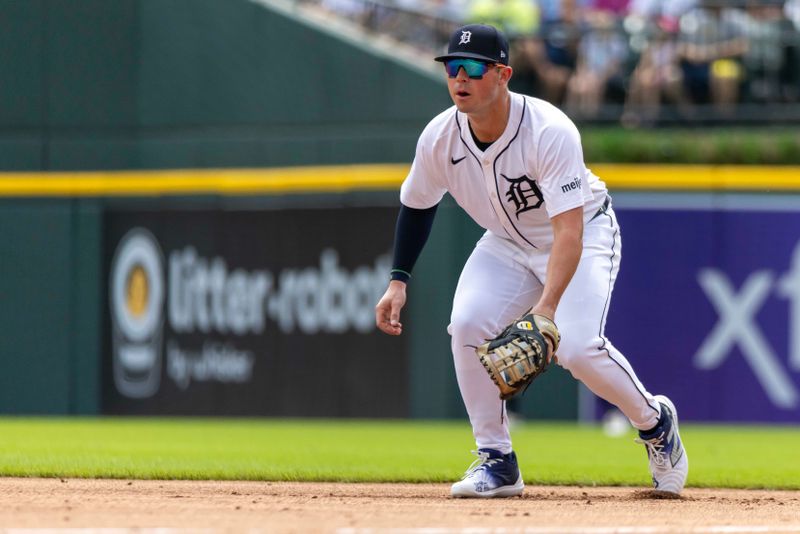 Aug 17, 2024; Detroit, Michigan, USA; Detroit Tigers first baseman Spencer Torkelson (20) gets set for the pitch in the second inning against the New York Yankees at Comerica Park. Mandatory Credit: David Reginek-USA TODAY Sports