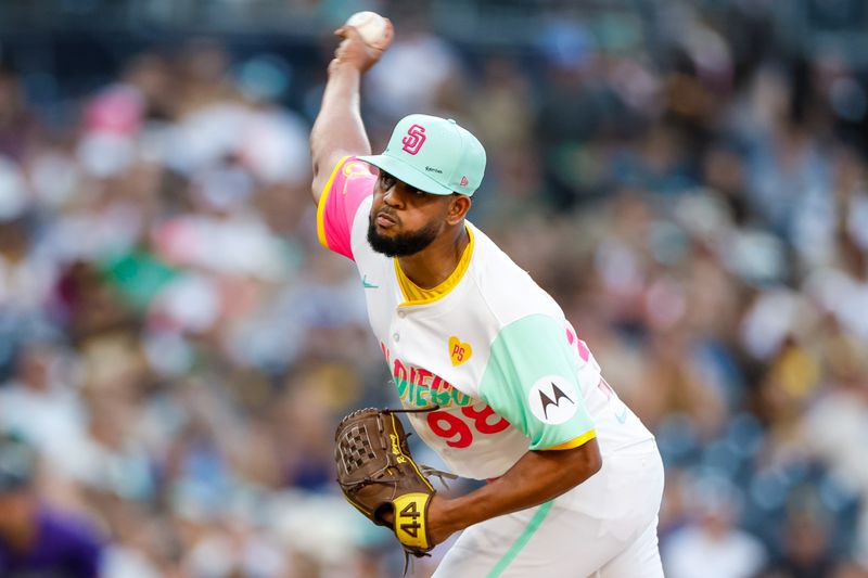 Aug 2, 2024; San Diego, California, USA; San Diego Padres starting pitcher Randy Vasquez (98) throws a pitch during the first inning against the Colorado Rockies at Petco Park. Mandatory Credit: David Frerker-USA TODAY Sports