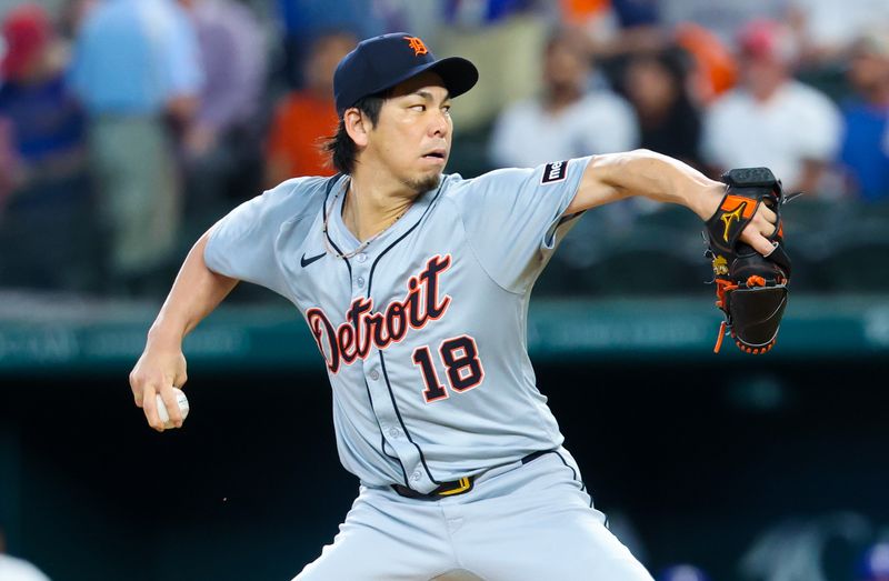 Jun 5, 2024; Arlington, Texas, USA;  Detroit Tigers pitcher Kenta Maeda (18) throws during the first inning against the Texas Rangers at Globe Life Field. Mandatory Credit: Kevin Jairaj-USA TODAY Sports