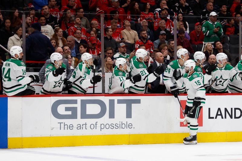 Oct 17, 2024; Washington, District of Columbia, USA; Dallas Stars center Colin Blackwell (15) celebrates with teammates after scoring a goal against the Washington Capitals in the first period at Capital One Arena. Mandatory Credit: Geoff Burke-Imagn Images