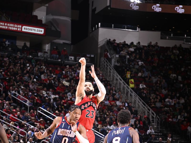 HOUSTON, TX - FEBRUARY 3: Fred VanVleet #23 of the Toronto Raptors shoots a three point basket during the game against the Houston Rockets on February 3, 2023 at the Toyota Center in Houston, Texas. NOTE TO USER: User expressly acknowledges and agrees that, by downloading and or using this photograph, User is consenting to the terms and conditions of the Getty Images License Agreement. Mandatory Copyright Notice: Copyright 2023 NBAE (Photo by Logan Riely/NBAE via Getty Images)