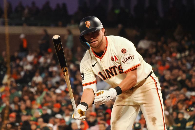 Jul 31, 2024; San Francisco, California, USA; San Francisco Giants second baseman Brett Wisely (0) earns a walk against the Oakland Athletics during the eighth inning at Oracle Park. Mandatory Credit: Kelley L Cox-USA TODAY Sports