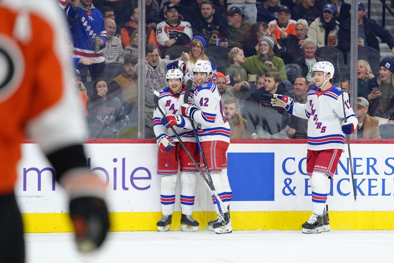 Jan 17, 2026; Philadelphia, Pennsylvania, USA; New York Rangers left wing Brennan Othmann (78) reacts with teammates after scoring a goal against the Philadelphia Flyers in the first period at Xfinity Mobile Arena. Mandatory Credit: Kyle Ross-Imagn Images
