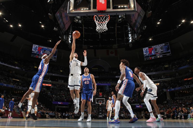 MEMPHIS, TN - APRIL 6: Scotty Pippen Jr. #1 of the Memphis Grizzlies drives to the basket during the game against the Philadelphia 76ers on April 6, 2024 at FedExForum in Memphis, Tennessee. NOTE TO USER: User expressly acknowledges and agrees that, by downloading and or using this photograph, User is consenting to the terms and conditions of the Getty Images License Agreement. Mandatory Copyright Notice: Copyright 2024 NBAE (Photo by Joe Murphy/NBAE via Getty Images)