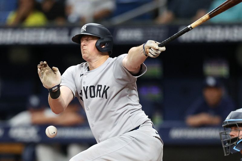 Jul 10, 2024; St. Petersburg, Florida, USA; New York Yankees third baseman DJ LeMahieu (26) reacts after fouling a ball off himself against the Tampa Bay Rays in the seventh inning at Tropicana Field. Mandatory Credit: Nathan Ray Seebeck-USA TODAY Sports