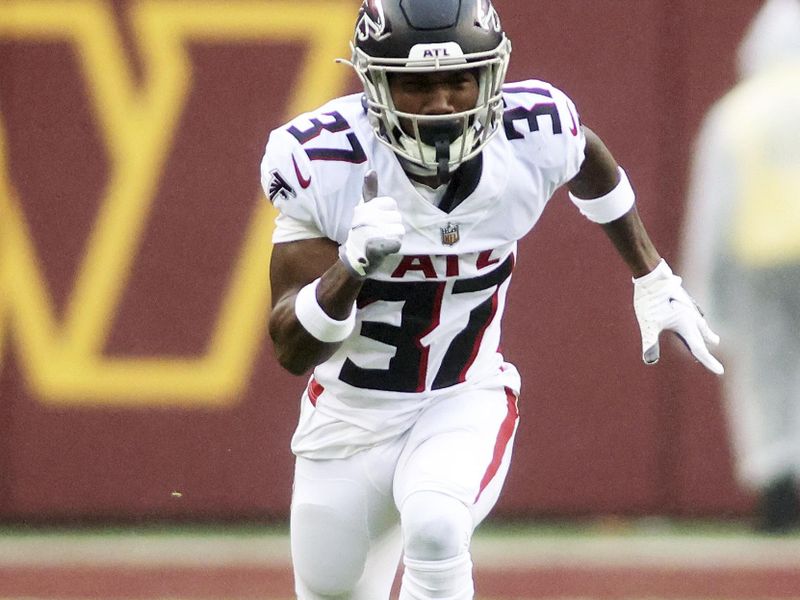 Atlanta Falcons cornerback Dee Alford (37) runs during an NFL football game against the Washington Commanders, Sunday, November 27, 2022 in Landover. (AP Photo/Daniel Kucin Jr.)