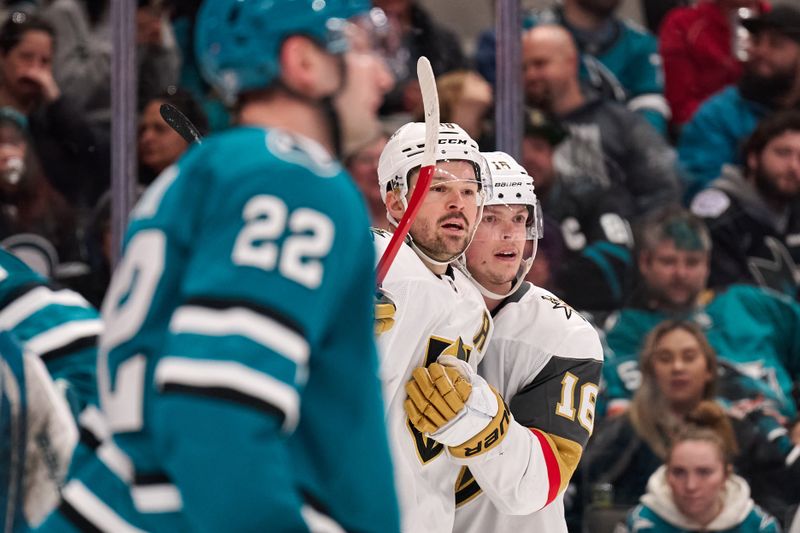 Jan 11, 2026; San Jose, California, USA; Vegas Golden Knights right wing Pavel Dorofeyev (16) celebrates with center Tomas Hertl (48) after scoring a goal against the San Jose Sharks during the first period at SAP Center at San Jose. Mandatory Credit: Robert Edwards-Imagn Images