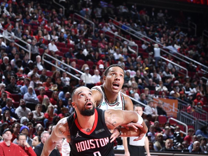 HOUSTON, TX - JANUARY 13:  Dillon Brooks #9 of the Houston Rockets boxes out during the game against the Memphis Grizzlies  on January 13, 2025 at the Toyota Center in Houston, Texas. NOTE TO USER: User expressly acknowledges and agrees that, by downloading and or using this photograph, User is consenting to the terms and conditions of the Getty Images License Agreement. Mandatory Copyright Notice: Copyright 2024 NBAE (Photo by Logan Riely/NBAE via Getty Images)