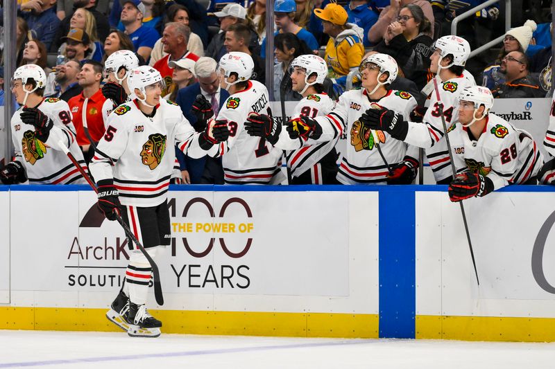 Oct 15, 2025; St. Louis, Missouri, USA; Chicago Blackhawks right wing Ilya Mikheyev (95) is congratulated by teammates after scoring against the St. Louis Blues during the first period at Enterprise Center. Mandatory Credit: Jeff Curry-Imagn Images