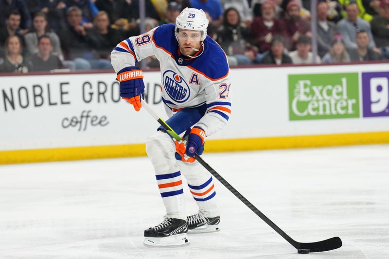 Feb 19, 2024; Tempe, Arizona, USA; Edmonton Oilers center Leon Draisaitl (29) skates against the Arizona Coyotes during the second period at Mullett Arena. Mandatory Credit: Joe Camporeale-USA TODAY Sports