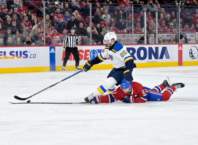 Feb 11, 2024; Montreal, Quebec, CAN; Montreal Canadiens defenseman Mike Matheson (8) trips St.Louis Blues forward Brandon Saad (20) during the third period at the Bell Centre. Mandatory Credit: Eric Bolte-USA TODAY Sports