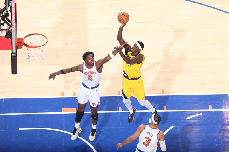 NEW YORK, NY - MAY 19: Pascal Siakam #43 of the Indiana Pacers drives to the basket during the game  against the New York Knicks during Round 2 Game 7 of the 2024 NBA Playoffs on May 19, 2024 at Madison Square Garden in New York City, New York.  NOTE TO USER: User expressly acknowledges and agrees that, by downloading and or using this photograph, User is consenting to the terms and conditions of the Getty Images License Agreement. Mandatory Copyright Notice: Copyright 2024 NBAE  (Photo by Nathaniel S. Butler/NBAE via Getty Images)