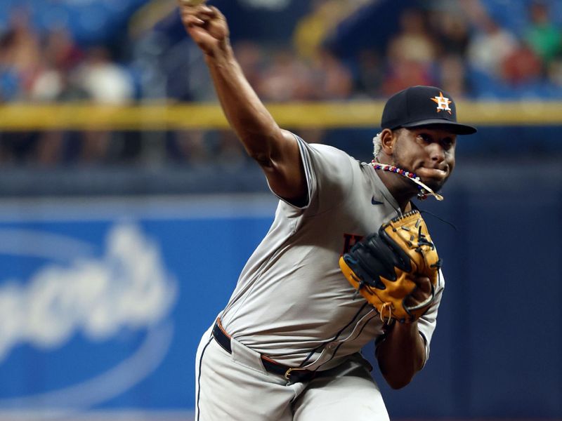 Aug 14, 2024; St. Petersburg, Florida, USA; Houston Astros starting pitcher Ronel Blanco (56) throws a pitch against the Tampa Bay Rays during the first inning  at Tropicana Field. Mandatory Credit: Kim Klement Neitzel-USA TODAY Sports
